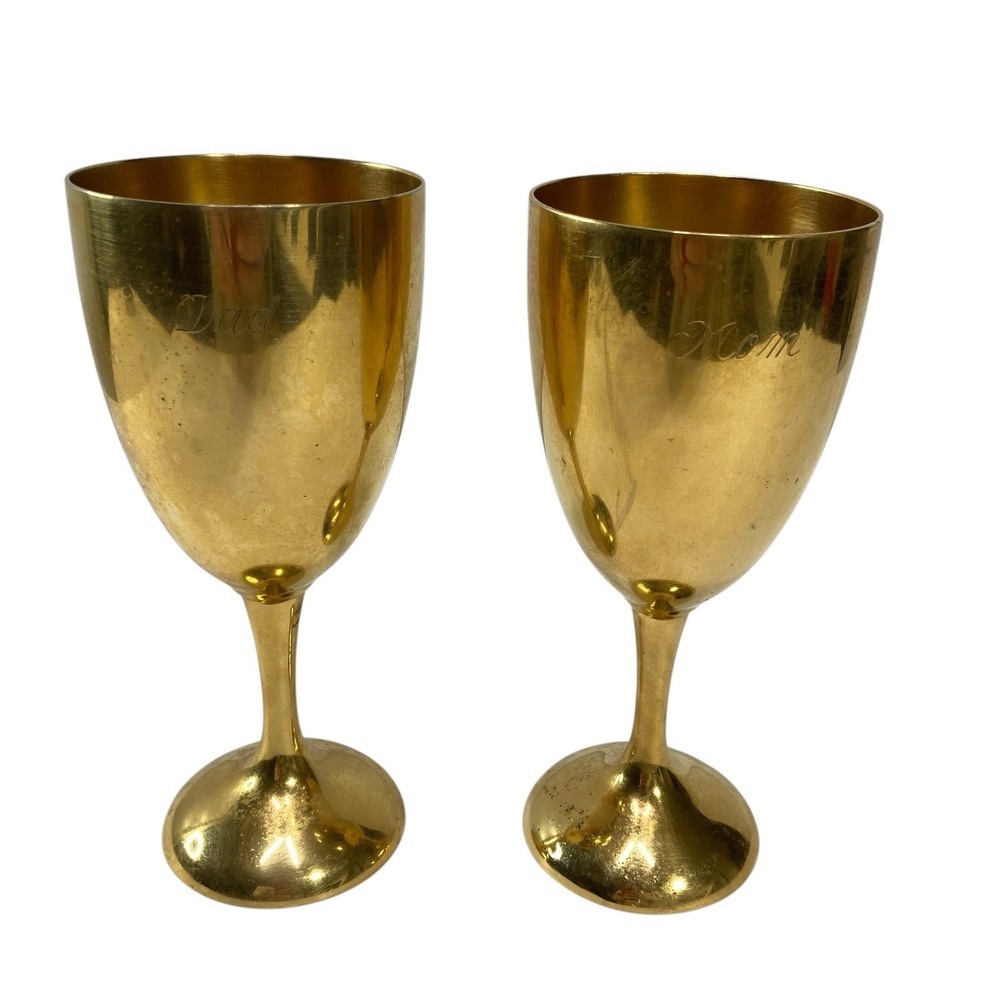 2 VTG International Silver Gold Electroplated Goblet Cup 7" Mom Dad engraved